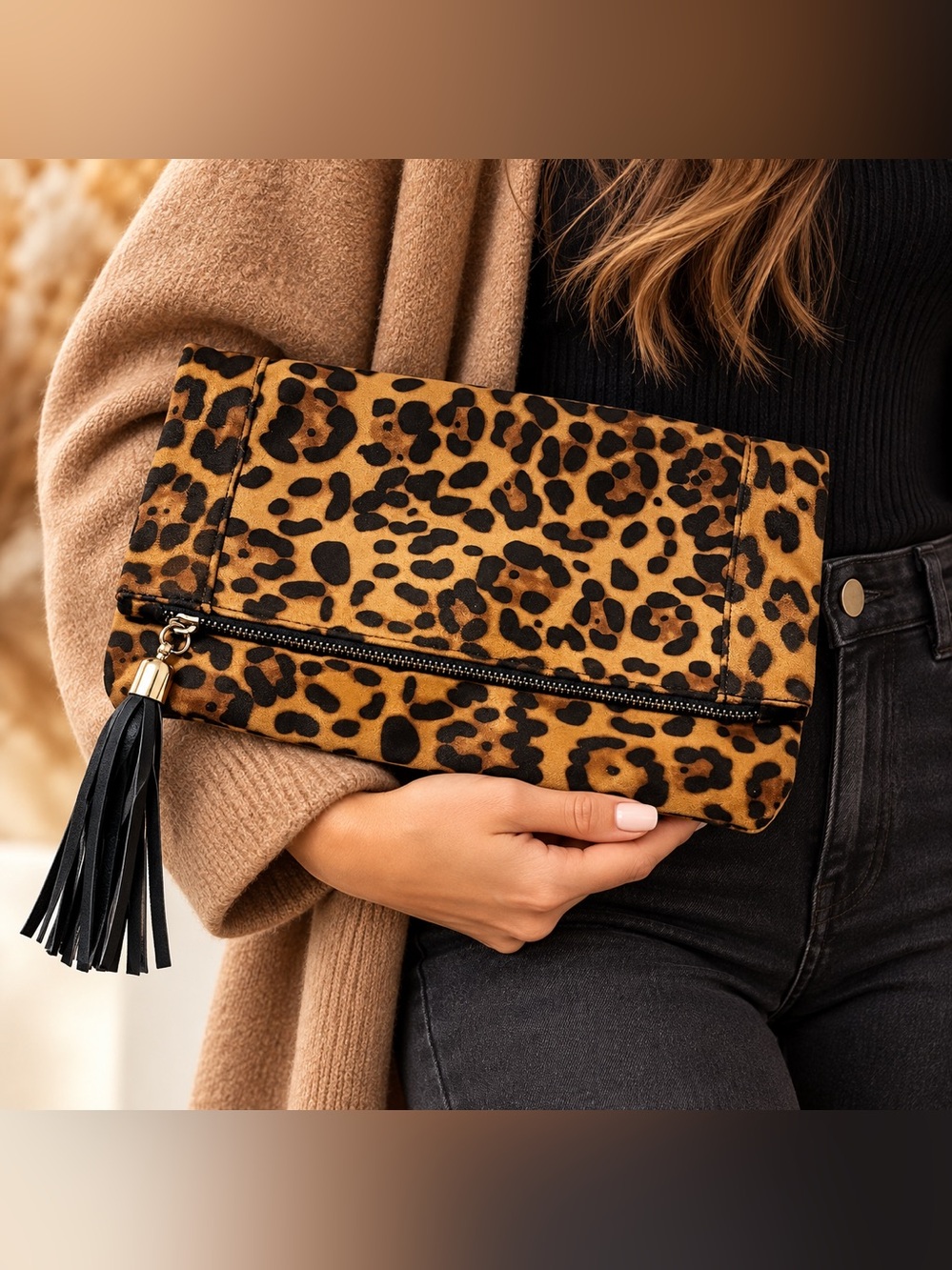 Sole Society Leopard Print Foldover Clutch Tassel Bag Brown Black Animal Print